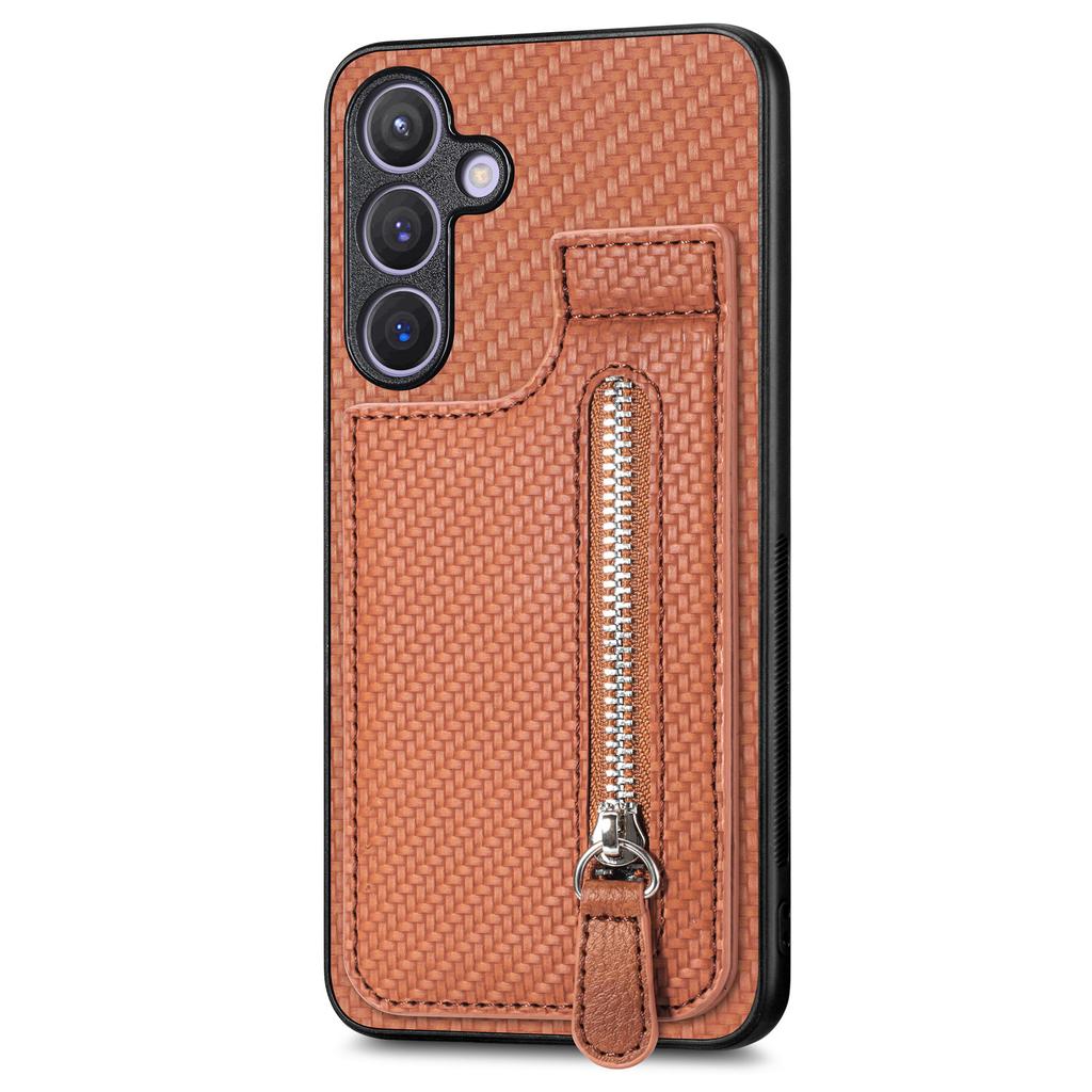 For Samsung Galaxy S25+ Case Leather Phone Back Cover with Zipper Card Holder Kickstand