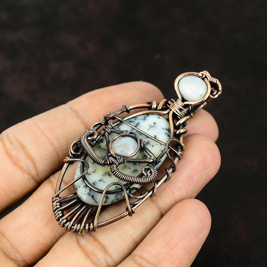 Дурной глаз дендрит опал драгоценный камень медная проволока обернутая подвеска медные украшения ручной работы подвеска радужный лунный камень дурной глаз ювелирные изделия подарок для него