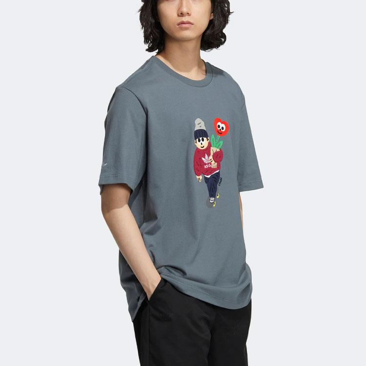 Adidas Originals X Charr Morita Capsule Collection Cartoon Plant Print Casual Sport Short Sleeve T-Shirt Unisex Tops Mist-Blue HR3475