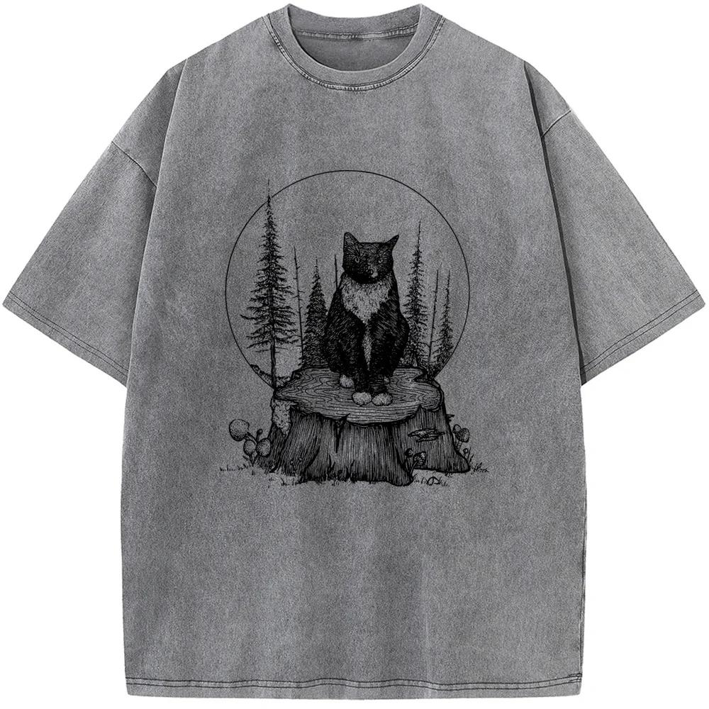 Футболка мужская стираная Forest Cat, летняя хлопковая отбеленная футболка, топы, винтажные свободные отбеленные футболки