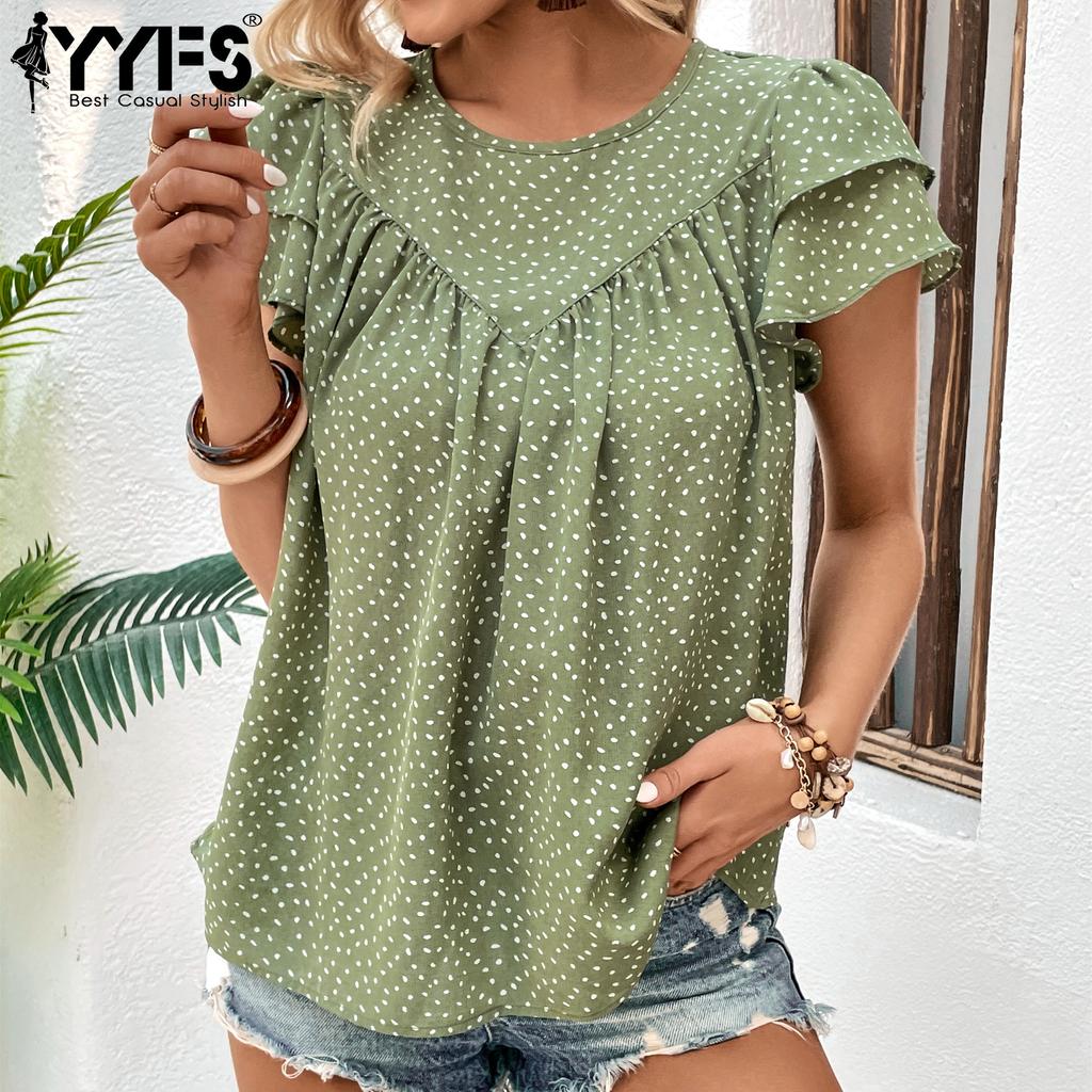 YYFS Женские модные повседневные блузки и рубашки с коротким рукавом и круглым вырезом