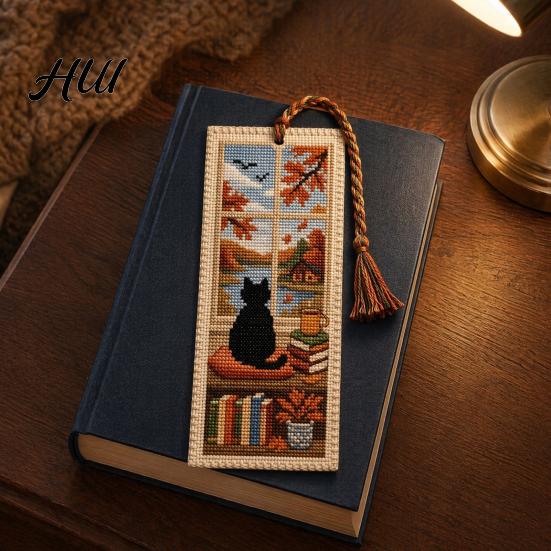 Reading Accessory DIY Stitch Bookmark Kit for Adults Beginners, Seasonal Cat Vintage Style Handmade Embroidery Kit, Gifts Lovers, Readers Dialogue