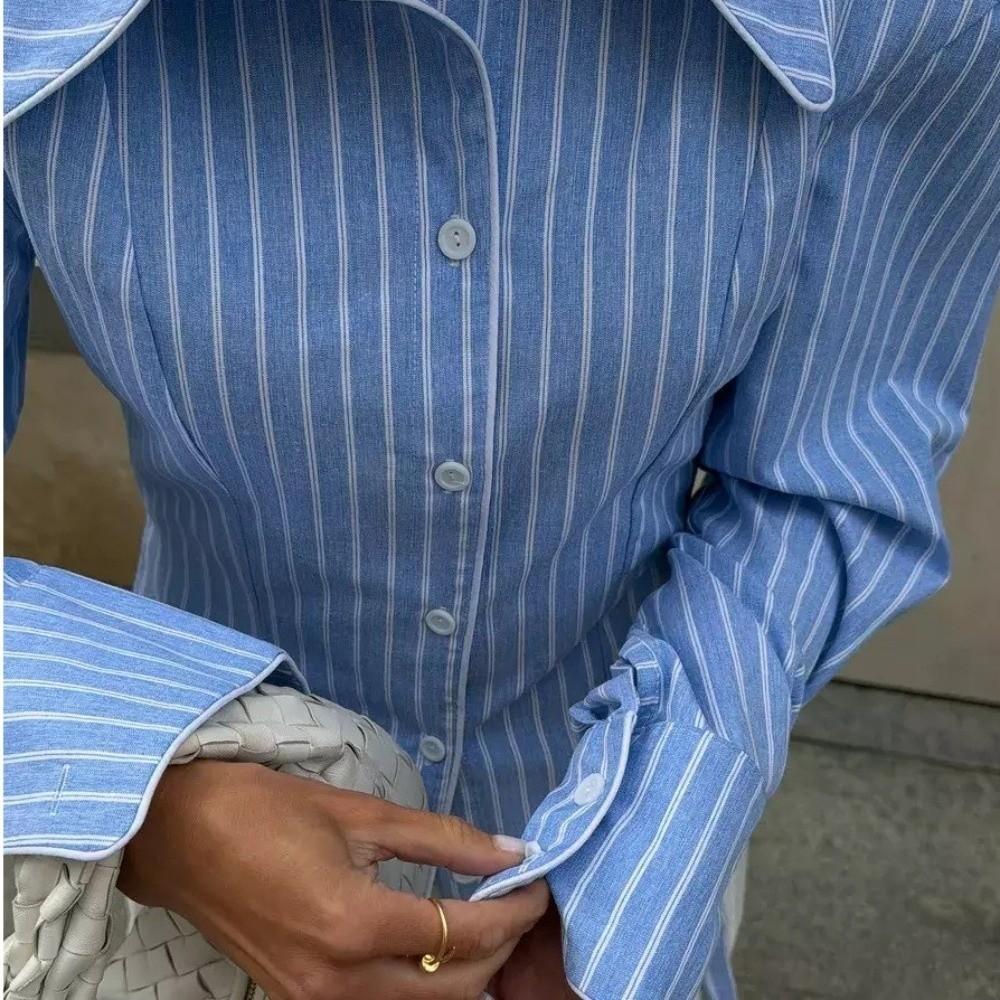 Irregular Hemline Stripe Slim Shirt Lapel Collar Women Shirt Casual Long Sleeve Shirt Office Style