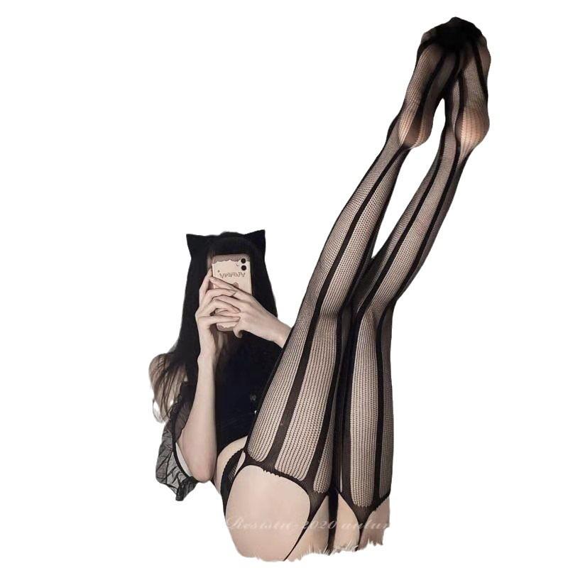 Винтажные черные шелковые чулки-сетка на подтяжках - Тонкие, рваные выше колена для весны и осени