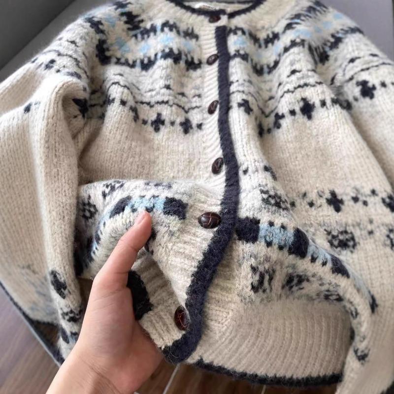 Новый кардиган женский осенний вязаный с длинным рукавом и круглым вырезом, осенний свободный ретро топ-куртка, женский свитер Fair Isle