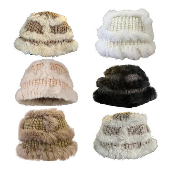 Women Fisherman Hat Imitation Rabbit Fur Decor Autumn Winter Windproof Warm Dome Soft Knitting Basin