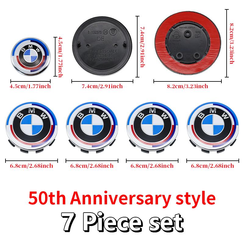 7Pcs Car Front Rear Logo Hub Center Cover Steering Wheel Center Emblem Stickers 50th Anniversary For BMW E60 E93 G01 E87 G20 NS1