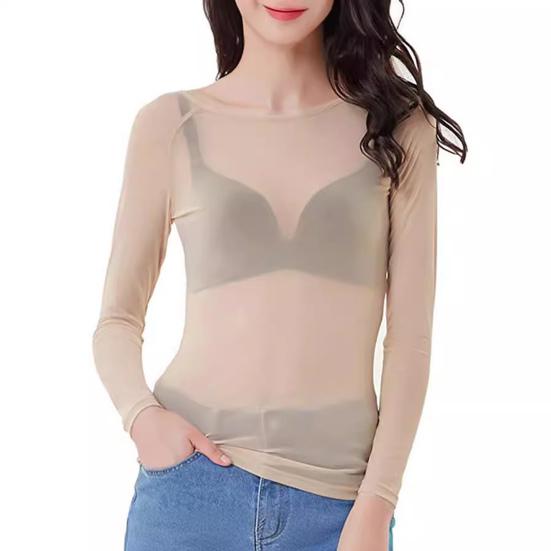 See-through Mesh Bottoming Tops Women O-Neck Long Sleeve Slim Fit Shirt Sexy Clear Sun Protection