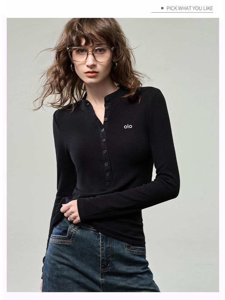 Women's Brushed Button Henley Long Sleeve T-Shirt - Autumn 2025 Print Slim Base Layer Top
