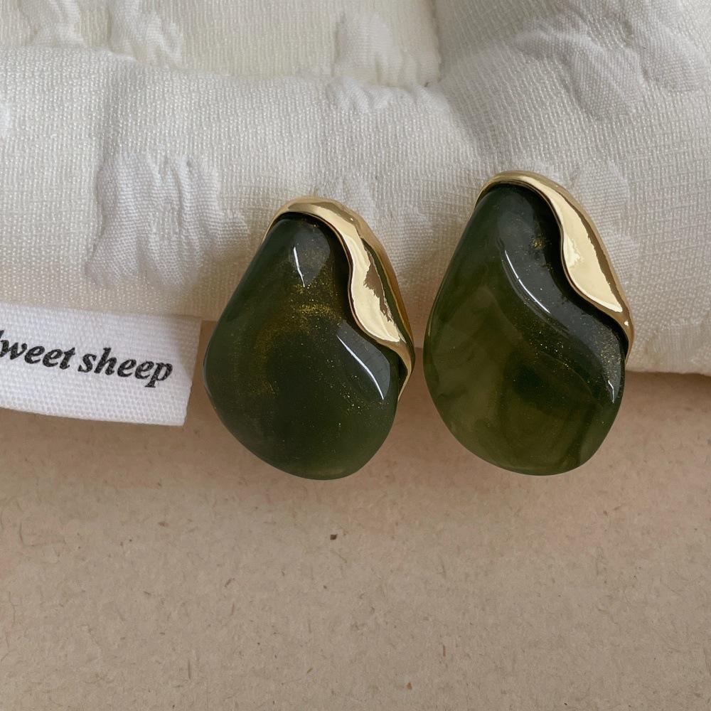 Amber Resin Stud Earrings for Women - Light Luxury Metal Patchwork, 2025 Design.