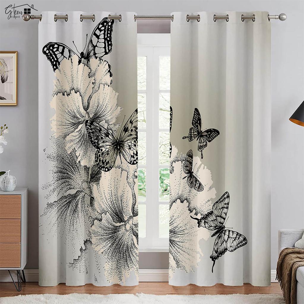 Beautiful Butterfly Flower 3D Printed Curtains French American Retro Pastoral Bedroom Living Room Study Decorative Curtains 2PCS