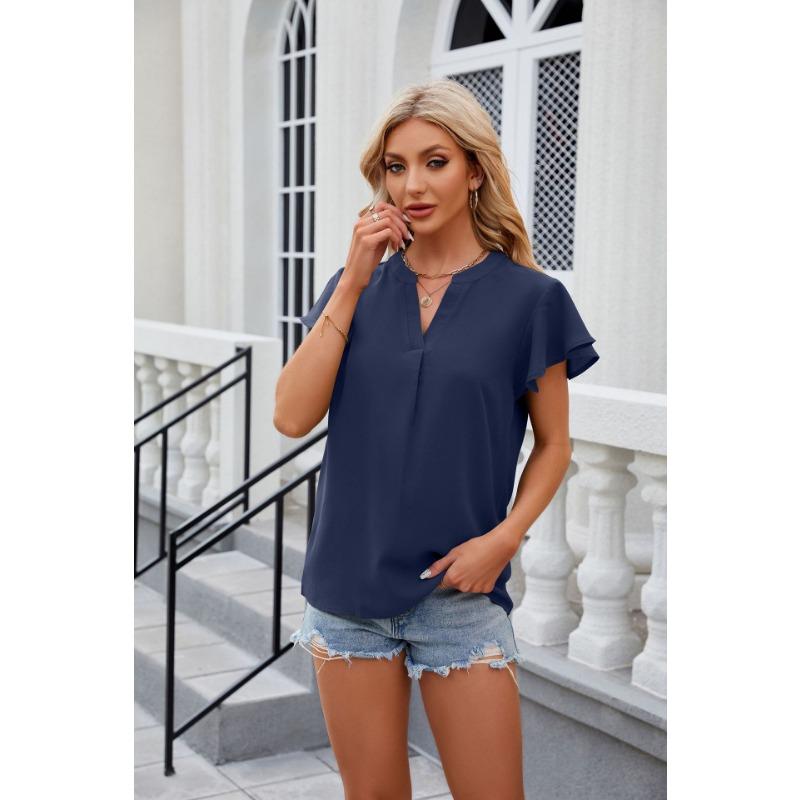 Летняя футболка, однотонная свободная шифоновая рубашка с v-образным вырезом и короткими рукавами для женщин