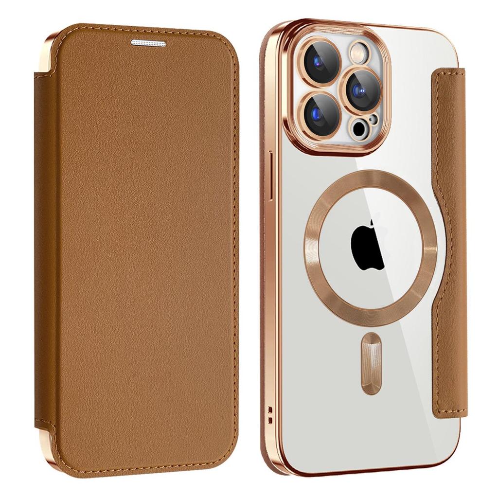 Кожаный чехол-книжка с поддержкой MagSafe для iPhone 14/15/16 Pro с магнитной фиксацией и гальванизированным мягким краем