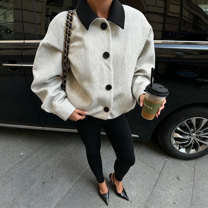 Womens Winter Wool Blend Coat Loose Fit Casual Tweed Jacket With Notched Collar Button