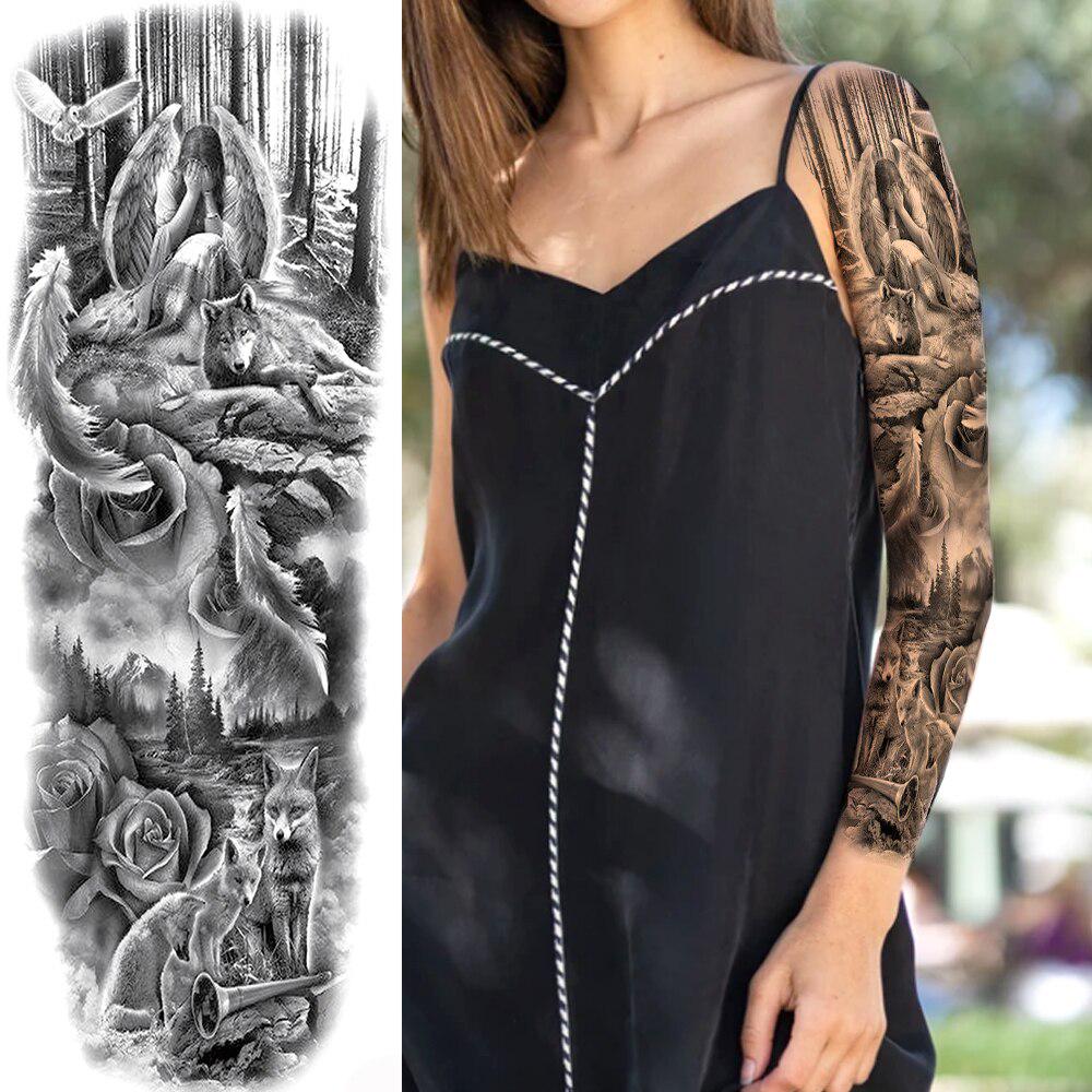 Sketch Compass Rose Flower Temporary Tattoos For Men Women Full Arm Sleeve Fake Tattoo Sticker Decor