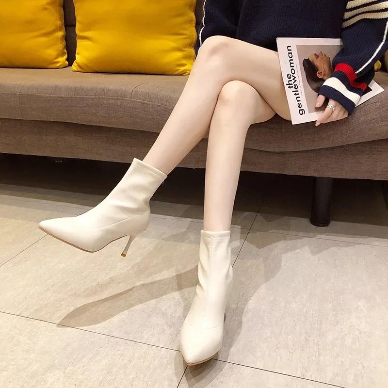 Women's Boots Autumn New Korean Fashion Thin Heel Pointed Short Boots High Heels Solid Color Sleeve Leather Fashion Boots