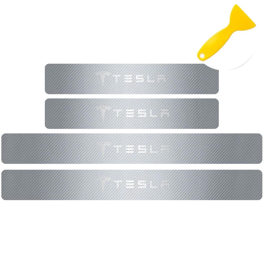 Car Sticker Tesla 4pcs Car Anti Scratch Scuff Carbon Fiber Door Threshold Stickers for Tesla Model 3 Model S X Model Y Roadster 