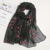 Korean-Style Peach Blossom Chiffon Scarf: Women's Versatile Floral Embroidered Shawl for Fashion & Travel Sun Protection