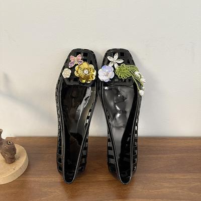 Лето 2025 Красный Новый Бренд Женские Шлепанцы Нить Жемчуга Желейные Сандалии Обувь Квадратный Носок Мелкая Слипоны Балетки