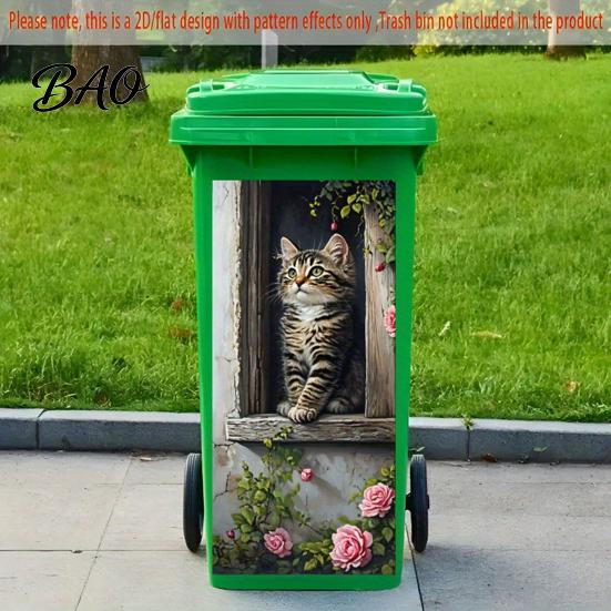 Waterproof Garbage Container Graphics Cartoon Animal Trash Can Sticker, Colorful Self-Adhesive PVC Decal, Cute Creative Makeover Stickers Cat