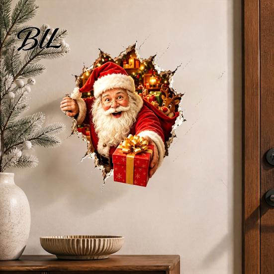 Easy Peel Wall Graphics Christmas Break-In 3D Decal, Santa Claus/Deer/Snowman/Elf/Dog/Nutcracker/Gingerbread Man Patterns Window Glass Door