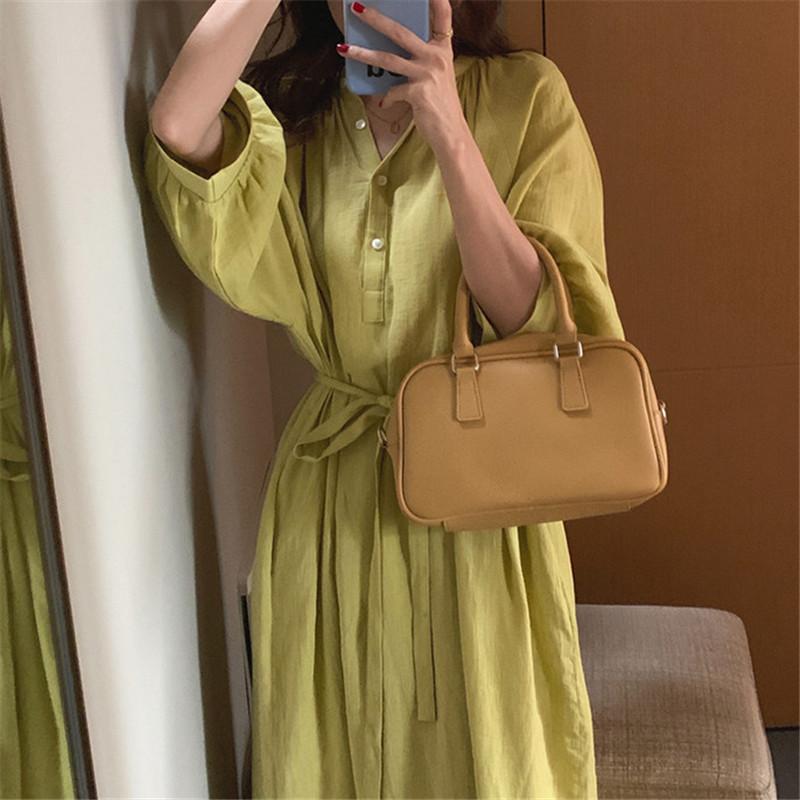 Весна и осень Новое свободное платье-рубашка из хлопка и льна в стиле ленивой моды, женственная юбка выше колена с V-образным вырезом