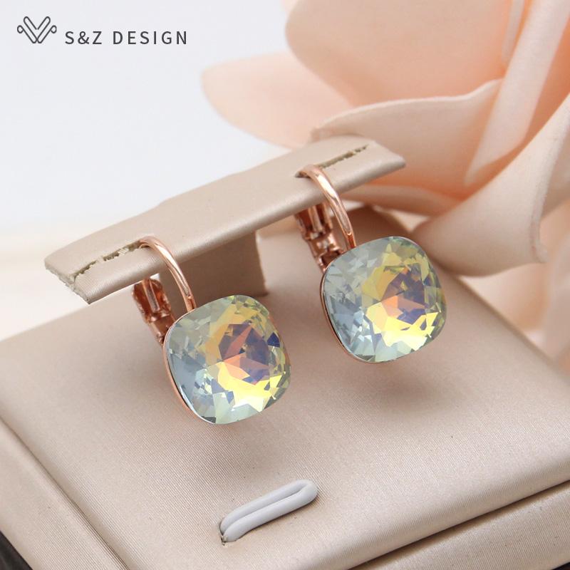 Fashion Square Colorful Crystal Drop Earrings For Women Wedding Rose Gold Color Jewelry Eardrop