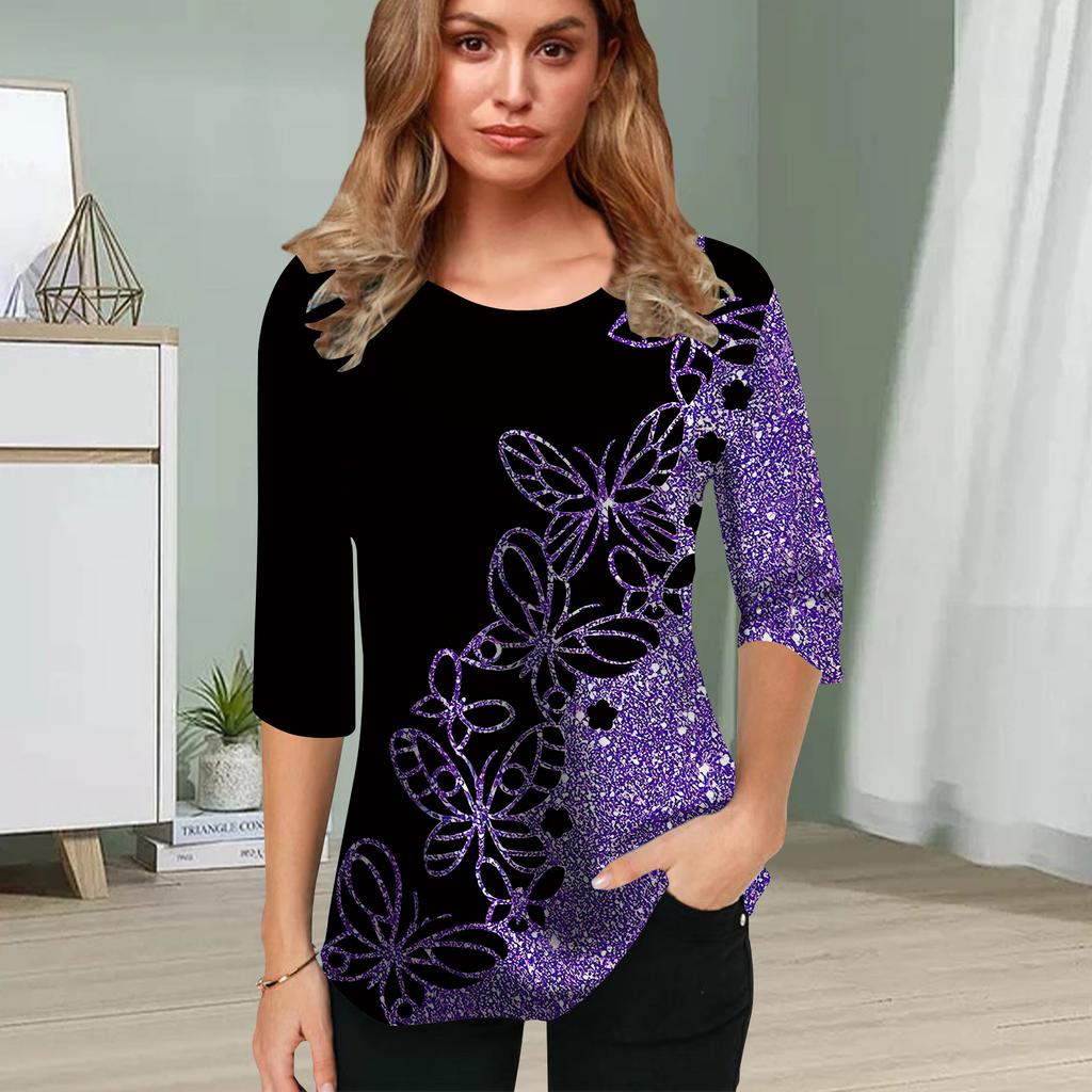 Womens Blouse 3D Pink Butterfly Printing Flower Half Sleeve Tops Summer Casual Tops Printed Round Neck Half Sleeve T Shirt