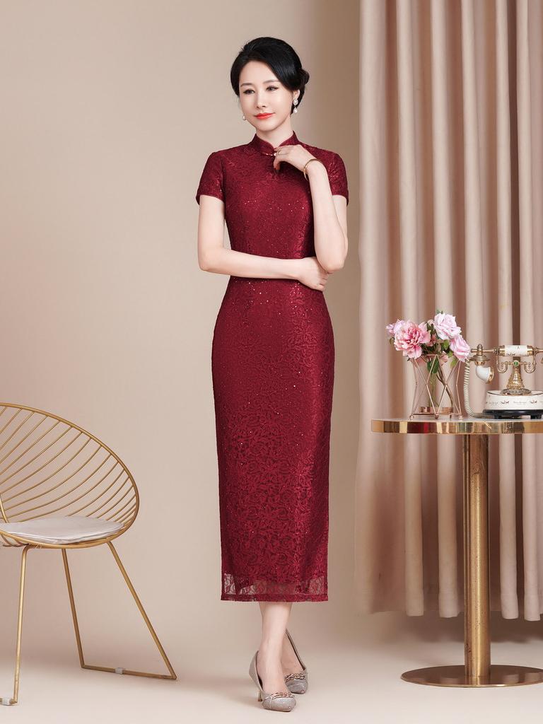 Hongyun embroidery high-end female slim cheongsam dress wedding national tide wedding dress mother temperament short-sleeved long