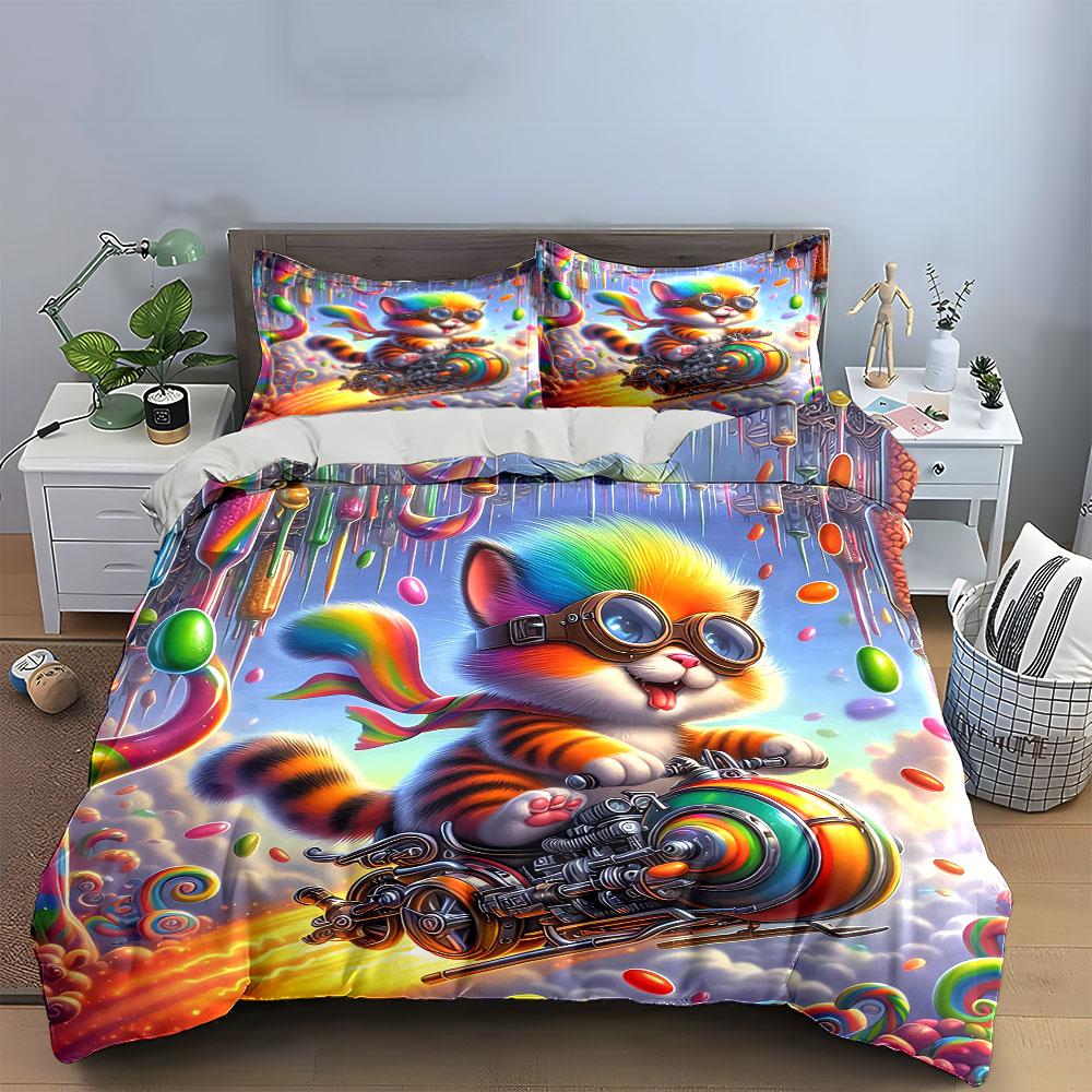 3 шт. Радужный Конфетный Полосатый Кот Летающий Мотоцикл Комплект Пододеяльника Волшебное Небо Детское Постельное Белье Односпальное Двуспальное King Queen Подарок