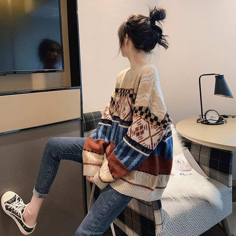 Women Striped Spliced Long Sleeved Sweaters Korean Retro Artistic Loose Knit Tops Autumn Casual Versatile Woman Pullover Sweater