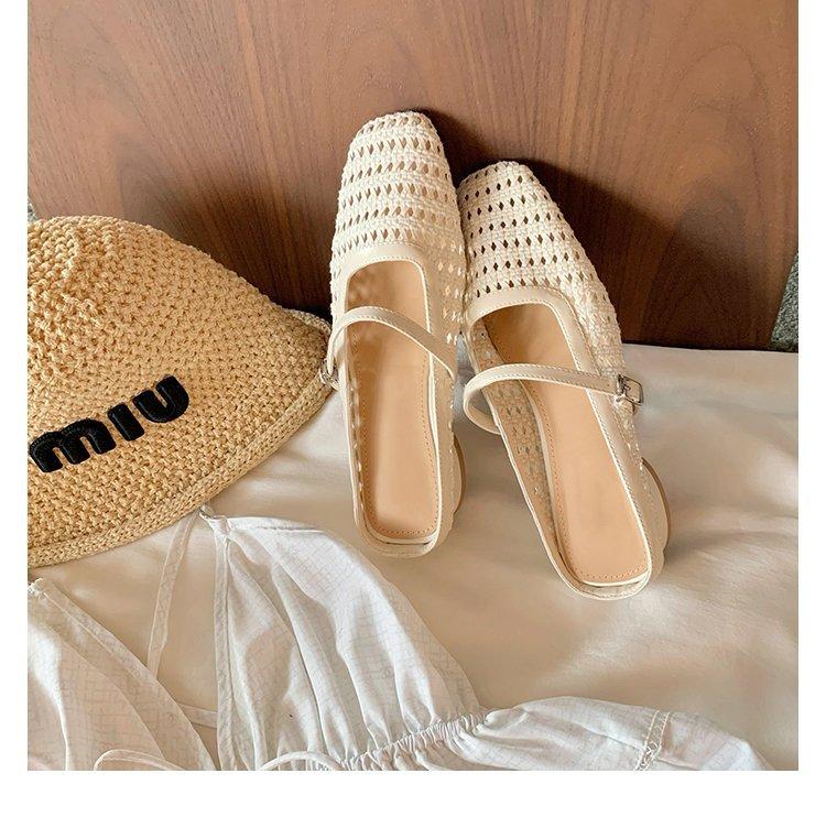 Retro woven hollow square head with thick heel Muller half slippers women's summer wear beach temperament bag head sandals