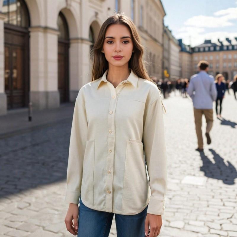 Womens White Loose Fit Shirt Jacket With Turn-Down Collar Dual Front Pockets Casual Vacation Style
