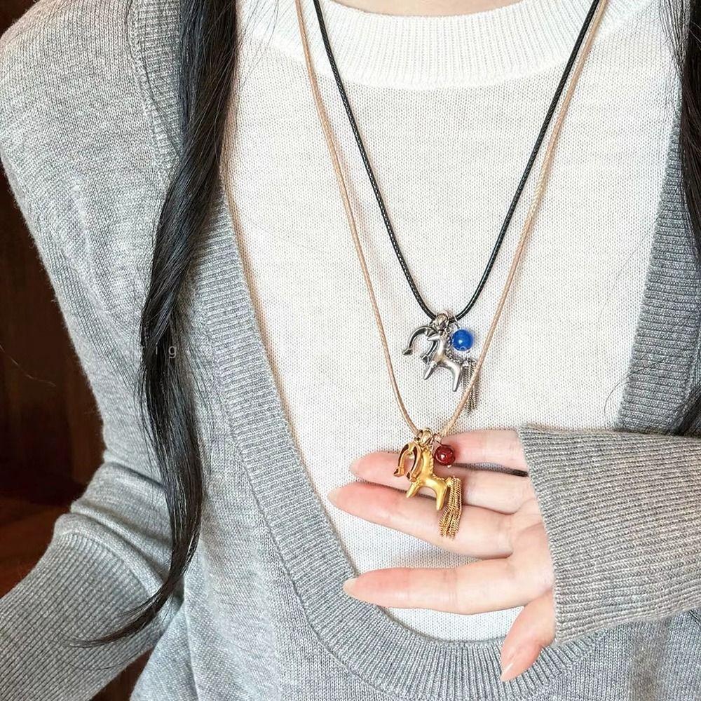Pony-shaped Tassel Beads Necklaces Multi Tassel Cartoon Horse Necklaces Female Accessories
