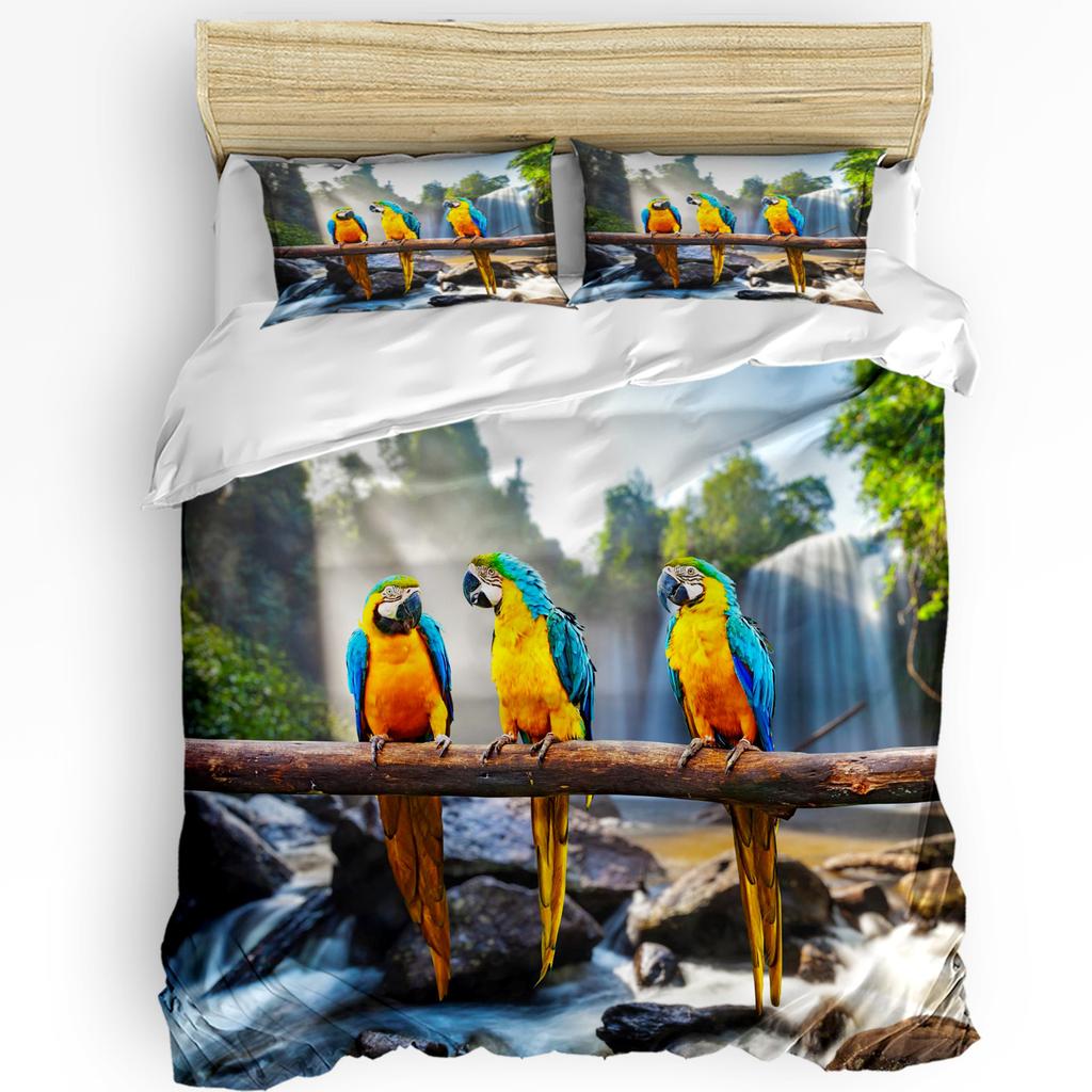 Green Parrot Animal Tropical Plant Flower 3Pcs Bedding Set For Double Bed Home Textile Duvet Cover Quilt Cover Pillowcase