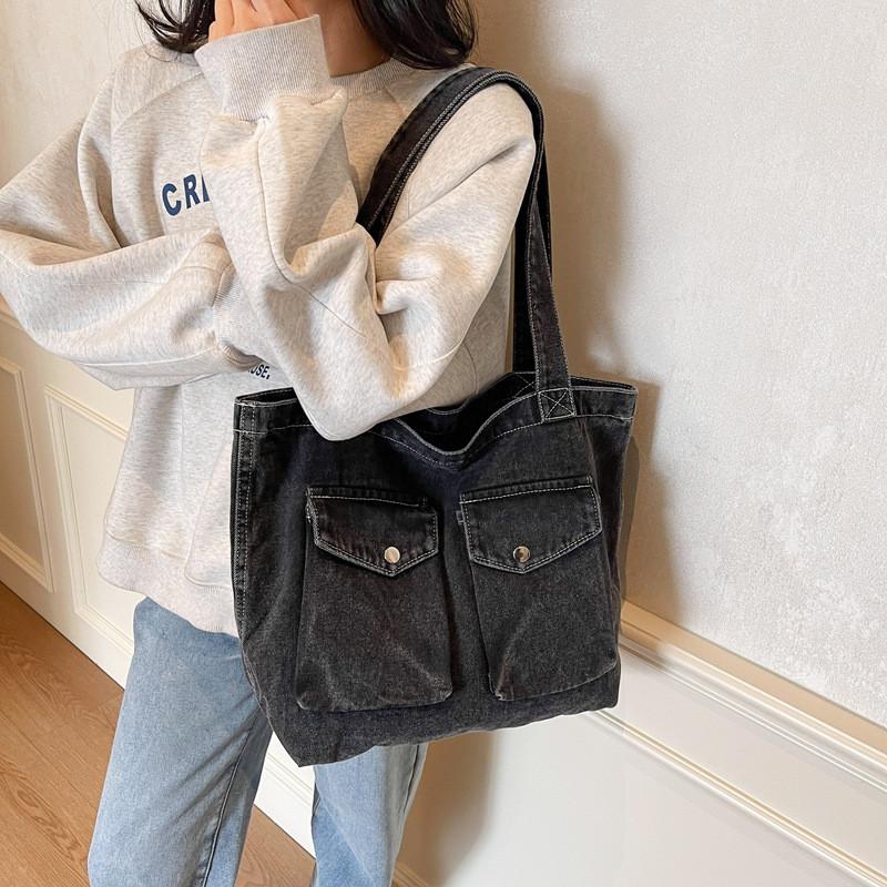 Fashionable Womens Tote Bag In Denim Fabric With Double Shoulder Straps For Commuting