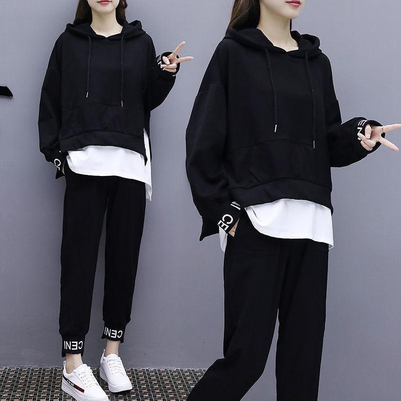 Женский весенний студенческий свитер больших размеров, женский свободный корейский повседневный костюм из двух предметов