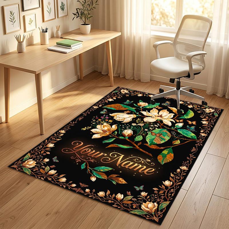 Floral Garden Theme Crystal Velvet Rug Personalized Custom Name Text Soft Floor Mat Home Decor