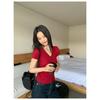 American V-neck front shoulder T-shirt women's short-sleeved waist design sense slim fit and thin top summer