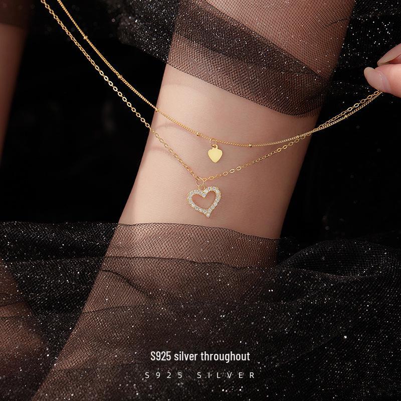 Banyan Tree S925 Silver Double Heart Anklet with Micro Diamonds - Fashion Trendy Peach Heart Anklet for Women, Spring & Summer Accessories.