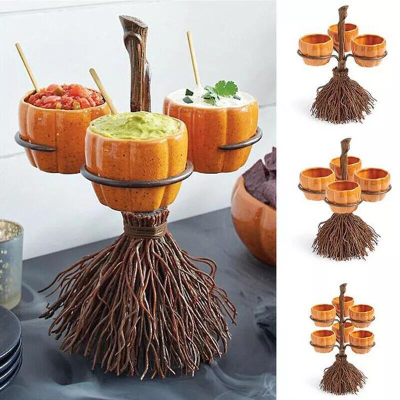 Pumpkin Halloween Snack Bowl Stand Broom Candy Holder Party Serving Fruit Salad