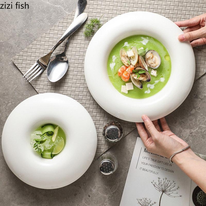 Creative Round Ceramic Pasta Ramen Bowls Fruit Salad Plate Restaurant Solid Color Tableware Soup Pots Dinner Plates Dessert Bowl
