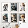 Funny Bathroom Wall Decor Animals Sitting On The Toilet Reading A Newspaper Poster Elephant Lion Rhino Art Print Canvas Painting