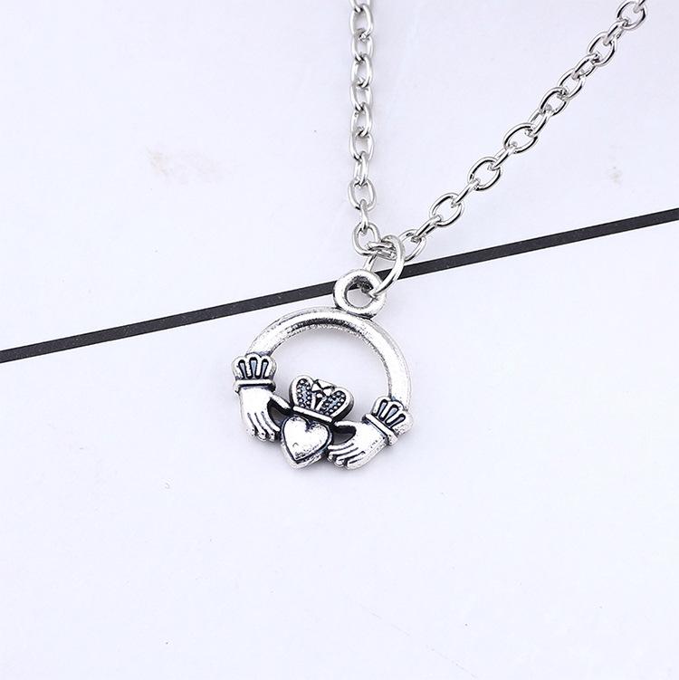 Retro Crown Necklace with Hands Holding Heart Pattern Ornament Christmas Birthday Gift