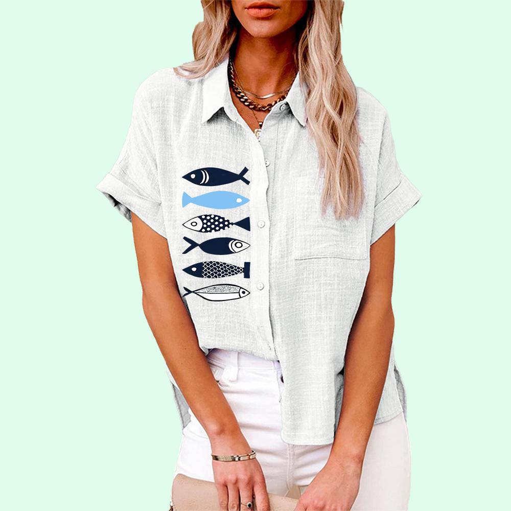 Большие размеры Женская модная блузка с принтом Свободная рубашка с коротким рукавом на пуговицах Женская повседневная льняная футболка Женская
