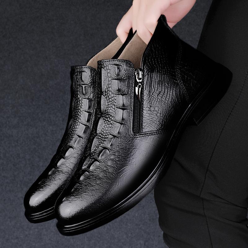 FashionGenuine Leather Men Snow Boots Outdoor High Top Shoes Luxury Male Ankle Boots Warm Plush Fur Winter Chelsea Boots Business Shoes