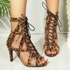 Women Trend Outdoor Lace Up Comfortable Sandals 2024 New Leopard Pattern Women Fashionable Stiletto High Boots Shoes for Women