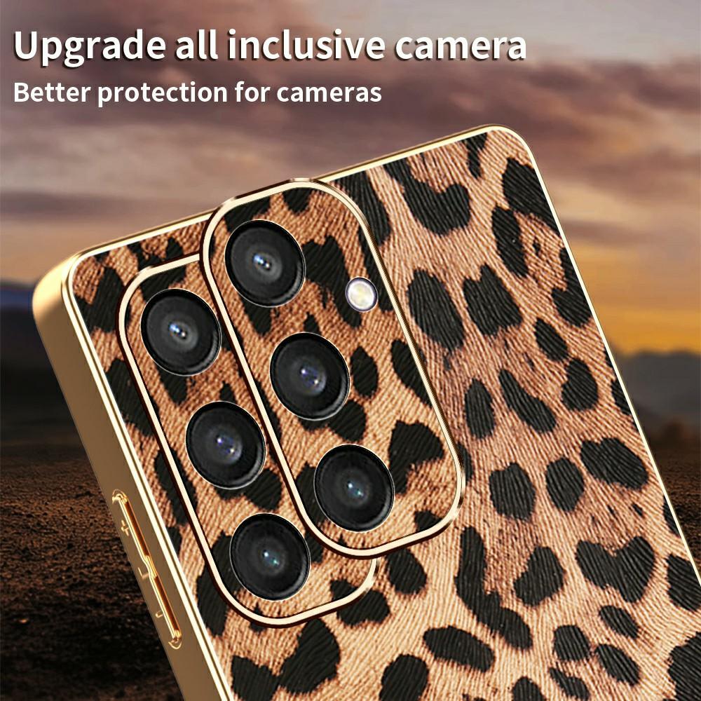 For Samsung Galaxy S25 Case Leopard Print PU Leather Coated PC + TPU Electroplating Phone Cover