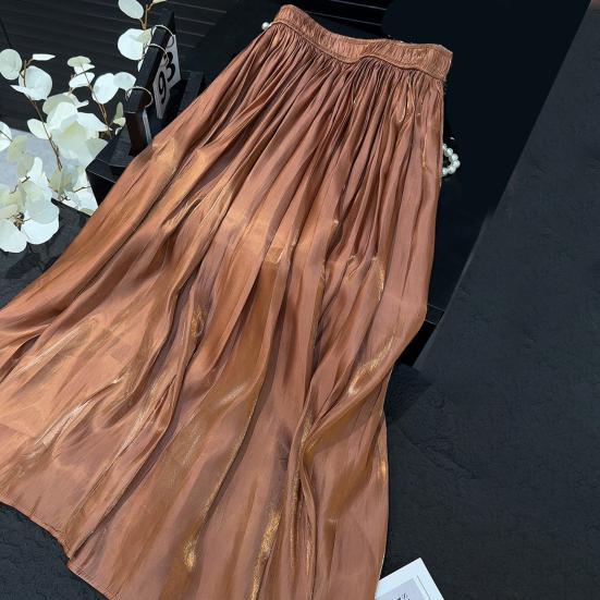 Женская юбка-макси, эластичная плиссированная юбка трапециевидной формы с высокой талией, блестящая перламутровая шифоновая плиссированная юбка из пряжи