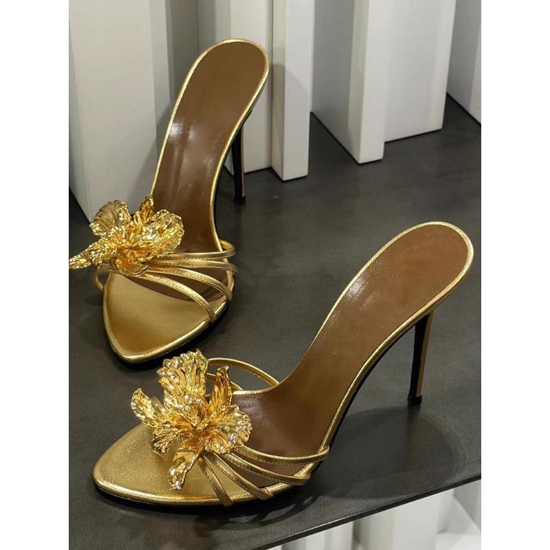 Летние Сексуальные Женские Сандалии Шлепанцы Летние Металлические Цветы Красивые Модные Сандалии Женские Туфли на Высоком Каблуке-Шпильке Черные Сандалии